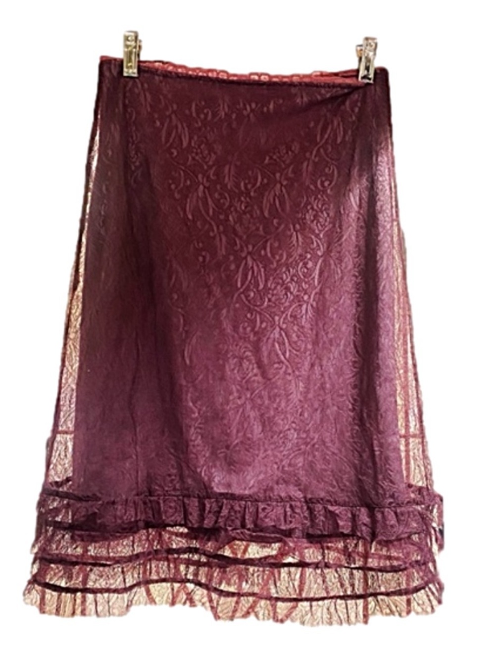 KOOKAÏ - Marion Rust Lace Lined Sheer Lace Midi Skirt in Burgundy